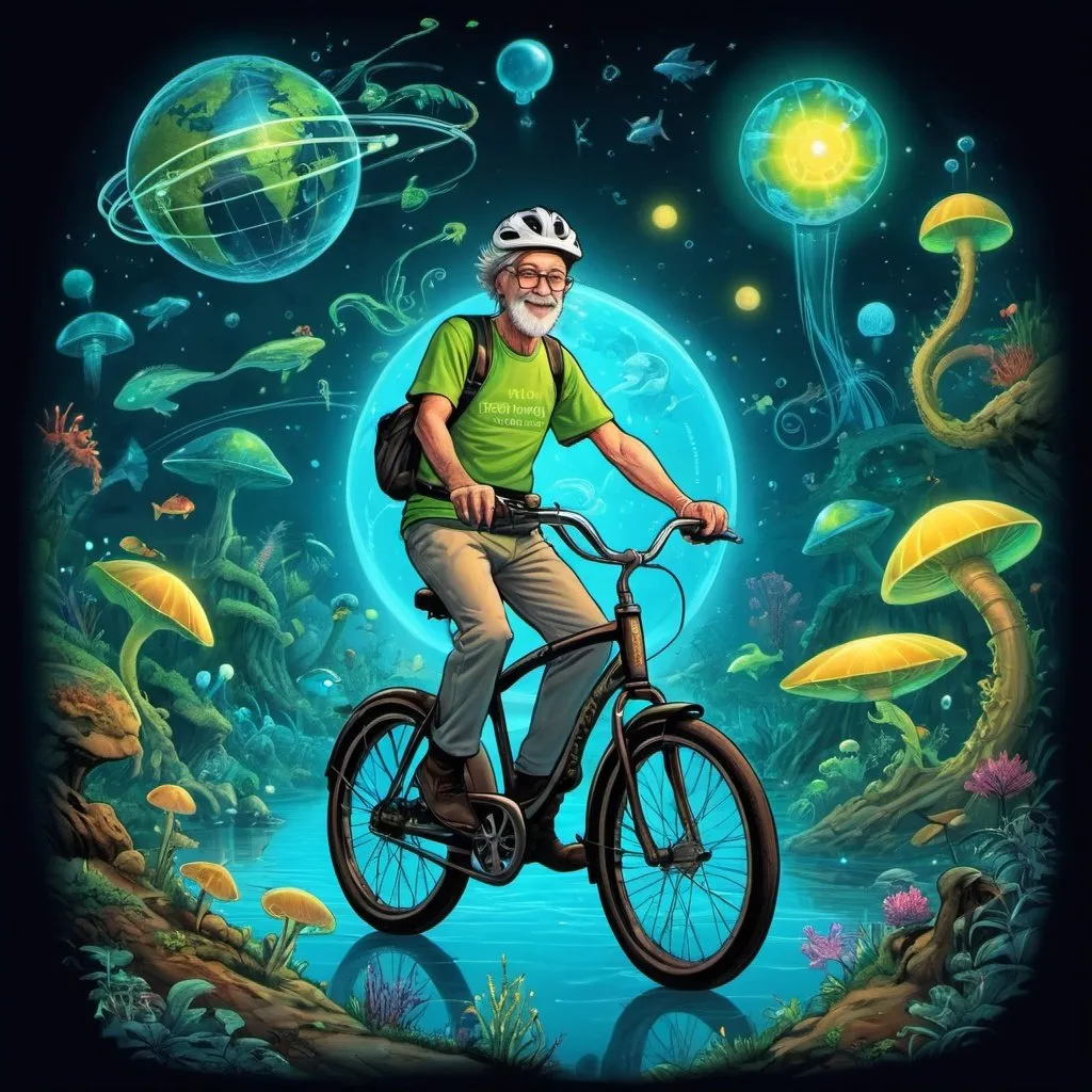 Prompt: Illustration for t-shirt design in theme of luminous wonderland for LED lighting Dr Albert Hoffman riding his bycycle with his trails museum names Glow Planet. The are zone about avatar jumgle, underwater world, reflection light tube
