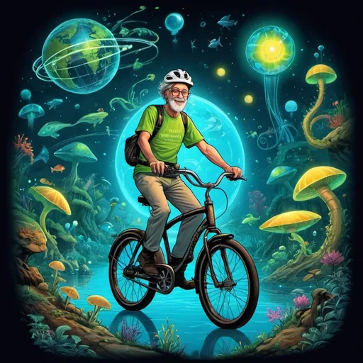 Prompt: Illustration for t-shirt design in theme of luminous wonderland for LED lighting Dr Albert Hoffman riding his bycycle with his trails museum names Glow Planet. The are zone about avatar jumgle, underwater world, reflection light tube