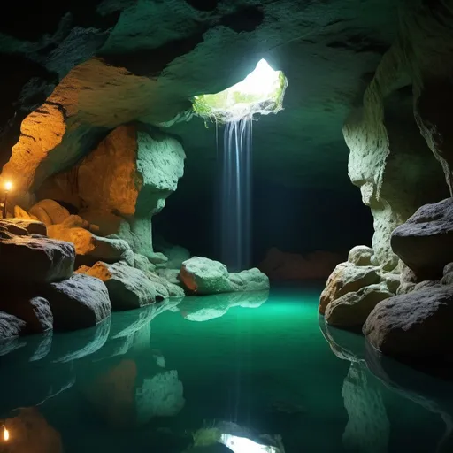 Prompt: Underground cave,large room,opening leading to water pool,sign saying turn back,glowing water (best quality,highres:1.2),ultra-detailed,realistic:1.37, HDR,UHD,studio lighting,sharp focus,physically-based rendering,extreme detail description,professional, vivid colors,bokeh,landscape,moody atmosphere,dark tones,subtle light effects,mysterious shadows,rock formations,water reflection,ancient architecture,creeping vines,emerald green color, damp and humid environment.