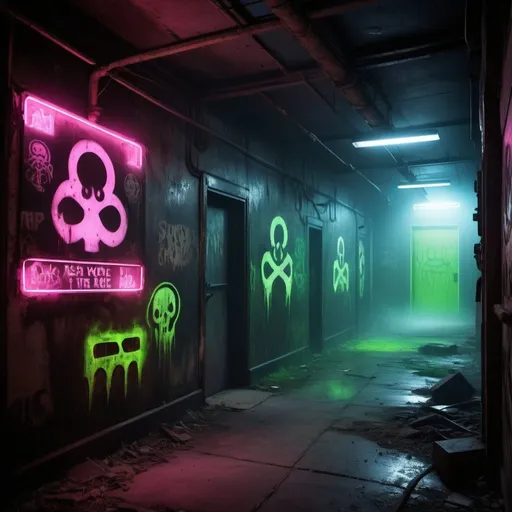 Prompt: Scary environments, ghosts, industrial site with cryptic symbols on the wall in neon colours spraypainted signs on the wall smoke mist fog in the atmosphere creepers taking over the place details --auto