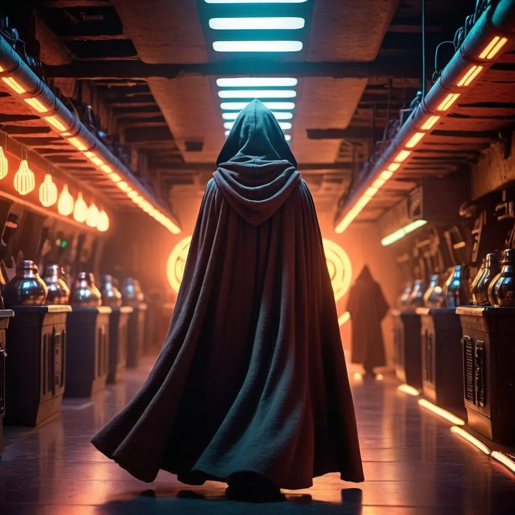 Prompt: hooded figure, star wars character art, walking away, Togruta species, looking straight ahead, wool cloak, flowing long cloak dress, cinematic level shot, standing in a cantina, lots of lights, cantina background, neon lights background