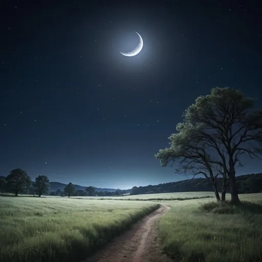 Prompt: Night landscape with the moon highlighted. The scene should depict a starry sky, where a large bright moon is positioned in the upper right corner of the image. The moon is in its crescent phase, with a significant part illuminated. The landscape in the foreground consists of an open field with tall, undulating grass. On the horizon, there is a line of dark trees, outlined against the starry sky. The night sky should be filled with bright stars forming constellations. that the image is sharp, detailed and conveys a sense of calm and tranquility by the natural beauty of the universe. Image size should be 1920 px by 1080 px