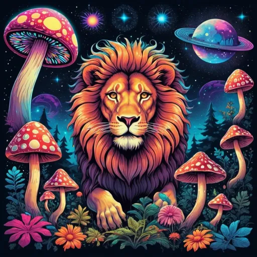 Prompt: Magic Mushroom Print:, Illustrations of psychedelic mushrooms amidst a surreal landscape., Estampa Espacial com Rave Lights:, A vision of outer space with intergalactic rave lights., Psychedelic Lion Print:, A stylized lion with psychedelic patterns and a festive vibe.