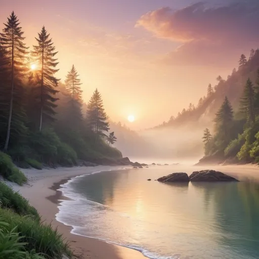 Prompt: Nature's Beauty: Create a wallpaper featuring a stunning landscape, like a serene beach at sunset or a lush forest in the morning mist.