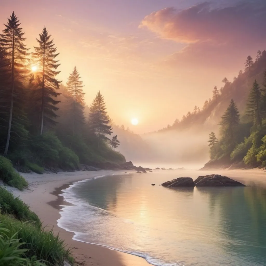 Prompt: Nature's Beauty: Create a wallpaper featuring a stunning landscape, like a serene beach at sunset or a lush forest in the morning mist.