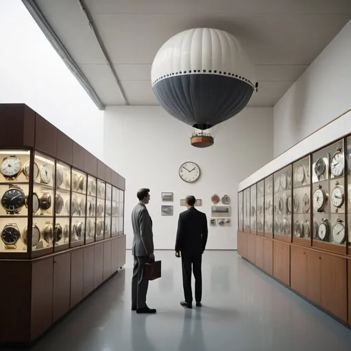 Prompt: view from orbit, shot of a mid-century modernist art gallery showcasing glimpses of miscellaneous ephemera of monochromatic blimp clocks and watches in Geneva, by elsa bleda, minimal blimp male figure in mid-century modern suit --ar 4:5 --stylize 1000 --v 5.