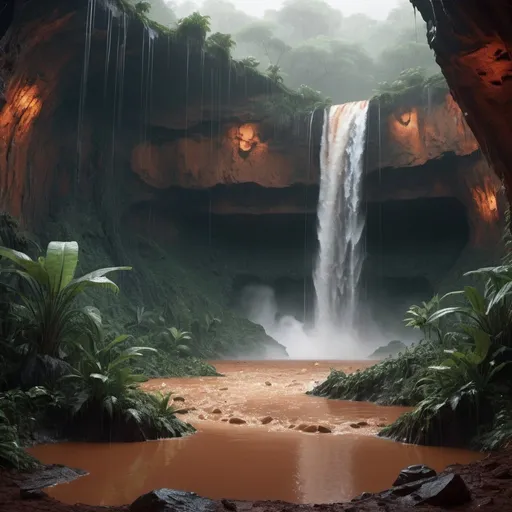 Prompt: Hyper realistic photograph of a mars jungle, massive waterfalls, rain, subtile lights, bar, k, masterpiece