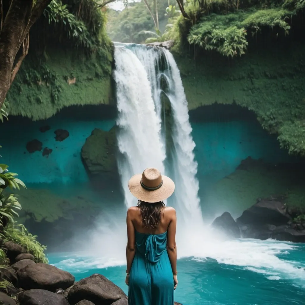 Prompt: Photo of a hidden waterfall in Bali in the style of eyecatching, natural elements, nature-inspired color schemes, a majestic waterfall, turquoise blue water, a woman standing under the falls facing the camera, beautiful nature, a dreamy scenery. --ar 35:62 --style raw