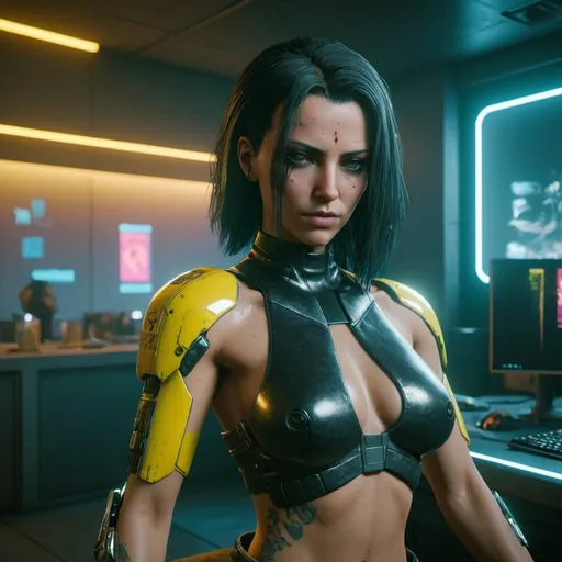 Prompt: Cyberpunk 2077, HDR (High Dynamic Range), Ray Tracing, NVIDIA RTX, Super-Resolution, Unreal 5, Espalhamento subsuperficial, PBR texturing, Post-processing, anisotropic filtering, Profundidade de campo, Maximum clarity and sharpness, Texturas multicamadas, mapas especulares e de albedo, surface shading, Accurate simulation of light-material interaction, perfectly proportions, Octane rendering, dual-tone lighting, ISO baixo, white-balance, rule of thirds, aeratura, 8K RAW, sub-pixel eficiente, sub-pixel convolution, luminescent particles,