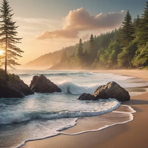 Prompt: Nature's Beauty: Create a wallpaper featuring a stunning landscape, like a serene beach at sunset or a lush forest in the morning mist.