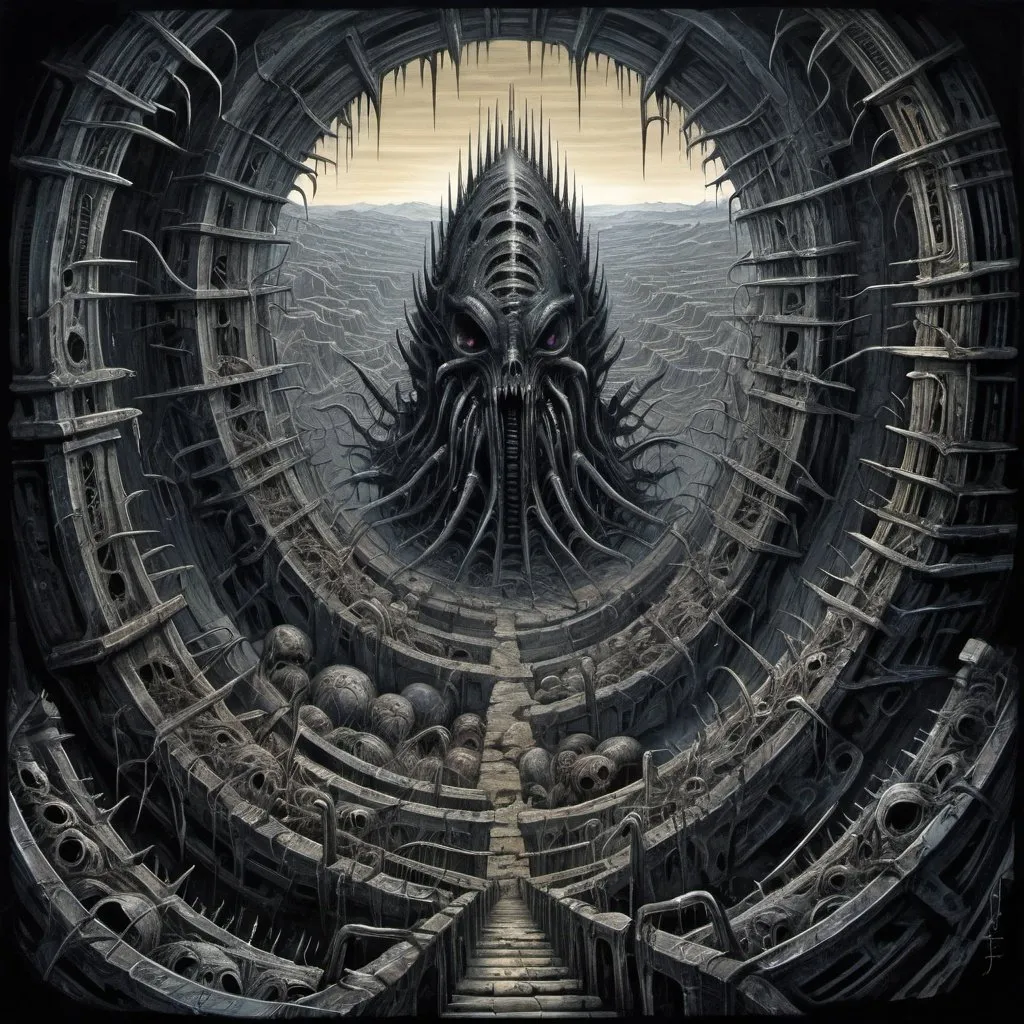 Prompt: view from the top of peak, futurist dark valley in ruin, evil creatures, cosmic horror, abyss view, madness, thorns, spiked walls. Creepy illustration, Horror art, hyperdetailed painting, color drawing, art by Derek Riggs and HR Giger