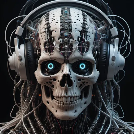 Prompt: (extremely detailed 8K wallpaper) Mid-range photo of a scary necromancer, complexe, il joue d'une une monstrueuse Cyber machine,  and thanks to a complex configuration, composes music using a modular synthesizer that is tightly linked and controlled by its own cerebral cortex. This advanced neural music interface allows the artist to seamlessly translate their thoughts and emotions into a unique listening experience.., Pushing the boundaries of creativity and innovation in music production.High detail, dramatique