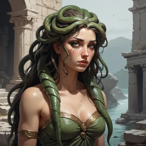 Prompt: Medusa, a mythical creature, show her whole figure, depicted as half woman, half snake, from the waist up she is a woman, and from the waist down she has the body of a snake, exceptionally beautiful beauty, full of charm with green snake eyes, instead of she hair, it's full of little wriggling snakes, she is a little sad about her lonely fate and the fact that she turns everyone she looks at into stone, she is surrounded by ancient Greek ruins somewhere underground, near some body of water, she is slightly leaning towards one of the stoned victims, not anime style, big chest, fantasy medieval, character reference sheet, character concept, character concept art, fantasy character, concept art, correct anatomy, correct proportions, realistic hyper-detailed draw in the style of Greg Rutkowski and Frank Frazetta --s 750 --style raw