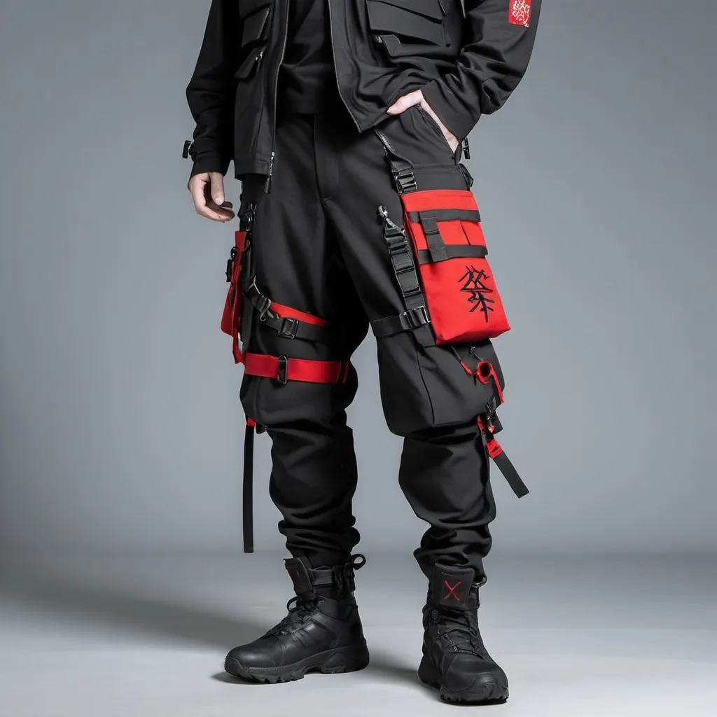 Prompt: Tech wear black pants with multipal tactical pockets for storage straps and cryptic symbols in red Japanese streat wear 