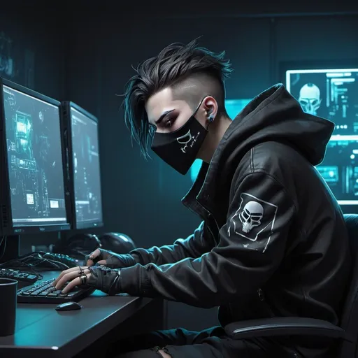 Prompt: (masutepiece, of the highest quality, Best Quality, Official art, Beautiful and aesthetic:1.2),(Cyberpunk:1.4) Hacker boy with his mouth covered with a black mask and a hacker logo on the left of the mask, ( in front he has his desk , on top of it the PC monitor on the left, ) ( his hands relaxing over the desk)