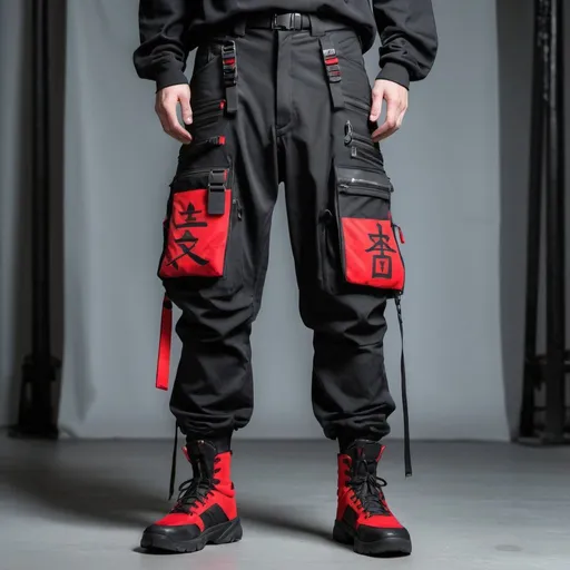 Prompt: Tech wear black pants with multipal tactical pockets for storage straps and cryptic symbols in red Japanese streat wear 