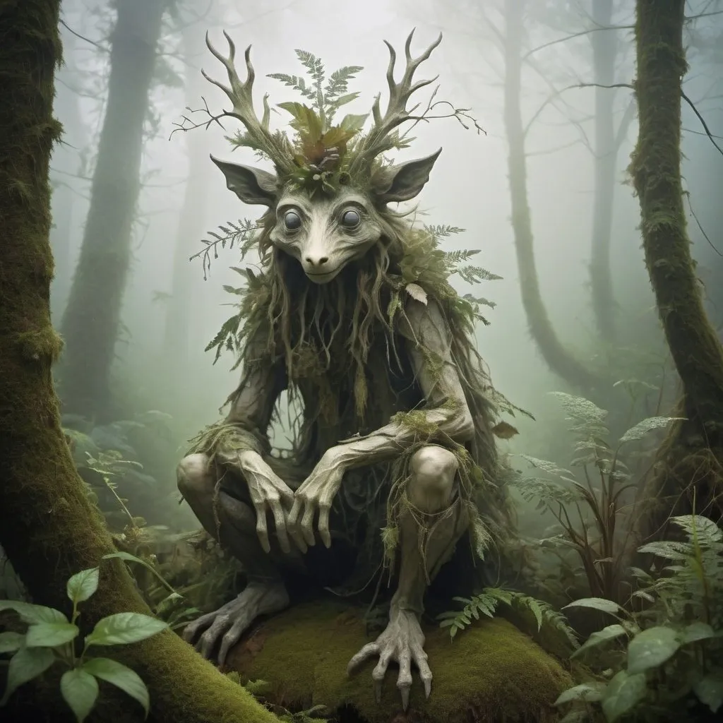 Prompt: A forest creature made from dense fog, surrounded by mist and lush vegetation. In the style of Wendy Froud's eco-art.