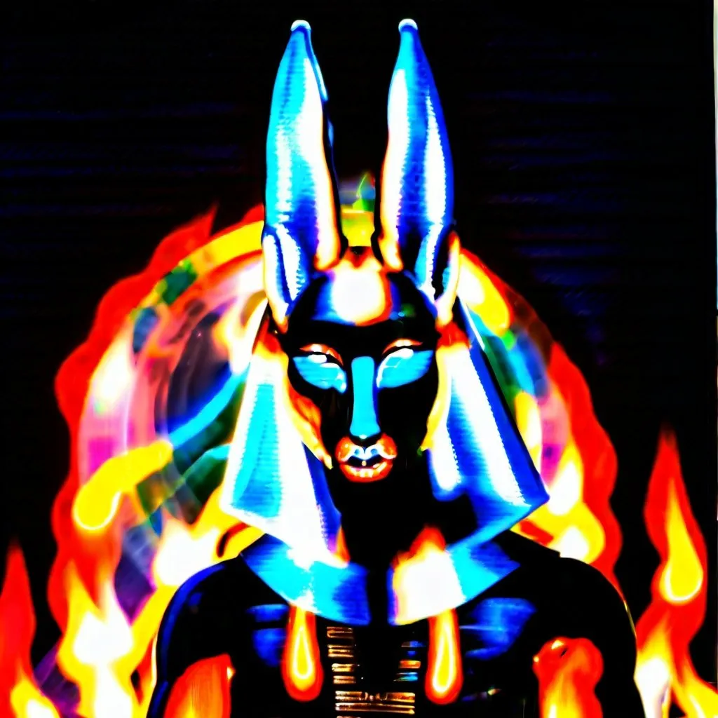 Prompt: color photograph of the Egyptian God Anubis as real life living god in majestic and beautiful pose guiding soul to the afterlife in surreal funeral ceremony at night by fire light from ancient egypt with modern photography f/64 --ar 16:9