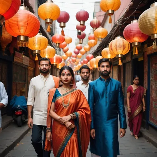 Prompt: portrait shot of 3 indianwearing ethnic wear walking a street covered in an arbitrarium of lanterns. ;close up ;realistic ;boca