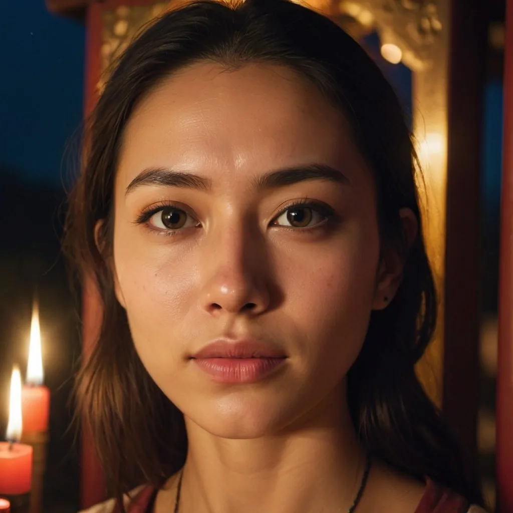 Prompt: A detailed image of a young and beautiful woman's close-up face standing at a shrine during midnight, taken with a cinematic camera, using portrait with cinematic lighting --ar 9:16 --s 1000 --v 6.0