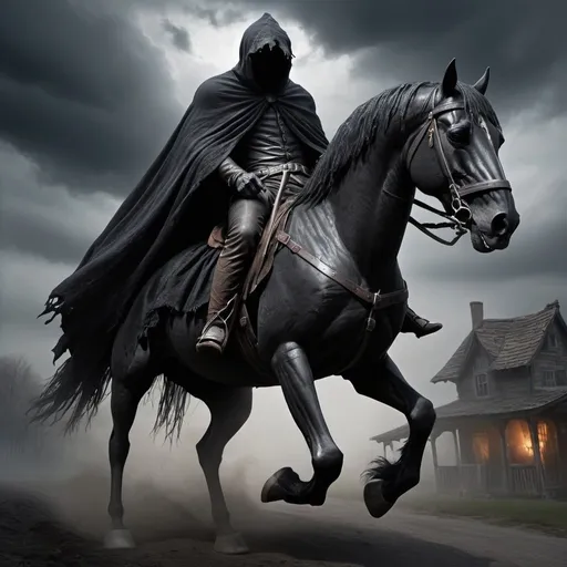 Prompt: ral-mythcr, headless horseman, mythical creature, a photorealistic image of a headless horseman, the horseman, headless rider, clad in dark, tattered clothing of an ancient style, rides a powerful black horse 