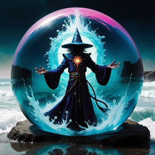 Prompt: Breathtaking shot of a (dark magician)+ completely engulfed++ in a large (ball of crystal clear water)+ floating (above the ground)1.2. The sorcerer+ is summoning large waves. no face, broken heart, broken mind, dark glowing eyes, perfect hands BREAK The overall mood is energized and angry. raging water, (yvonne coomber style)0.8, (digital artwork by Beksinski)1.7, (vibrant colors)1.3, (flowers), thematic background, dark, dystopian, abstract, colorfull, illustration