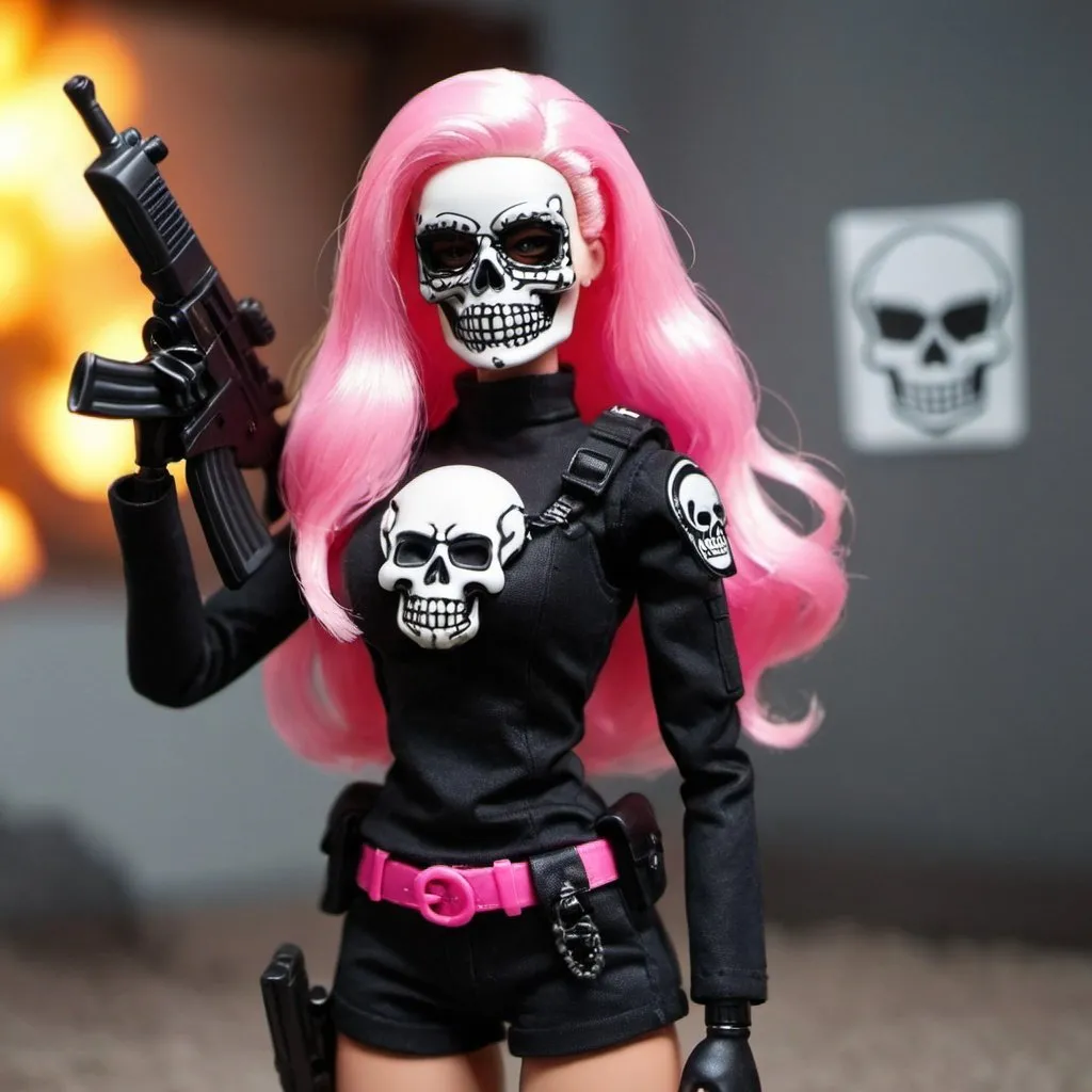 Prompt: Loiras Barbie, fofo, Girly, skull mask, armadura, army, segurando arma, The Death Squad