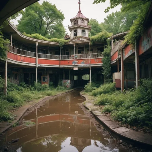 Prompt: ((top-quality、8K、​masterpiece：1.3))、An amusement park、Abandoned amusement park,abandoned amusement park、Broken、dilapidated building、Buildings overgrown with plants、creepy atmosphera，jpn、puddles