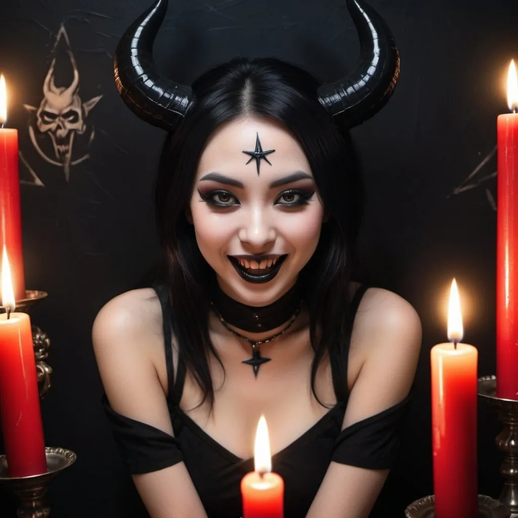 Prompt: ((top quality, 8 thousand, masterpiece:1.3)), young oriental woman, Devil worship,satanism, dark background, pentagram, goth fashion, goth makeup, goth, Black color lipstick, Lips are black color, black lips, dark eye shadow(Black color), Pentagram sign on the wall, lots of candles, (huge  : 1.5), satan temple, black lipstic, goofy style, stanism, unpleasant, Crazy Woman, (madness smile), scary laugh, full of madness, wait on all fours