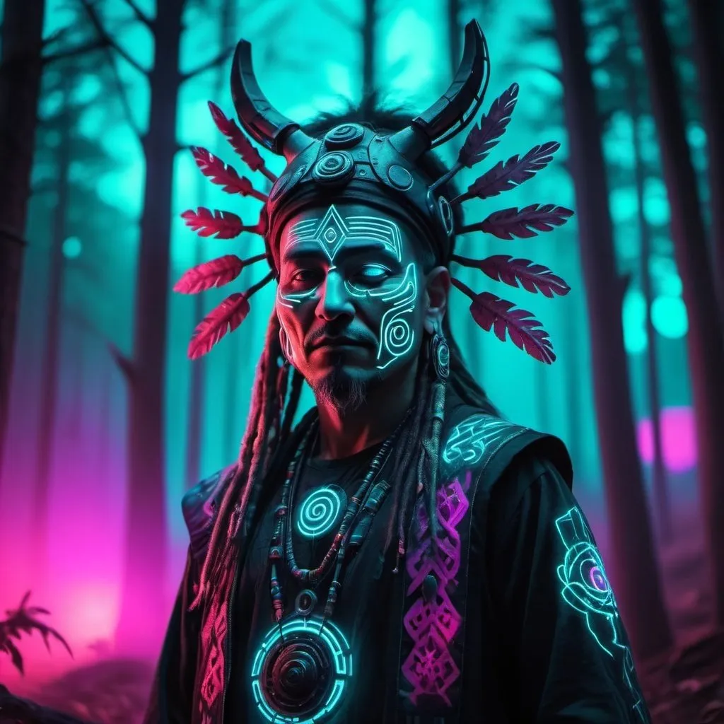 Prompt: Cyberpunk forest neon sfumato wide shot of a cyberpunk dancing shaman with a shamanic mask  with shamanic ornaments | forest background | colourfull  hued gradient effect | futuristic glowing runes --ar 16:9 --s 120 --style raw --v 6.0