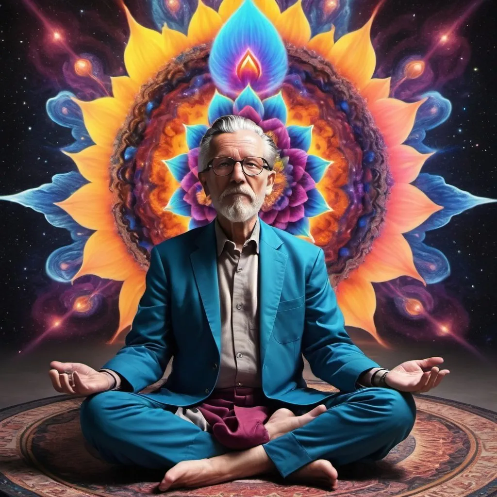 Prompt: a colorslashh An explosion of colors, hyper realistic ,liquid,, oldman sitting in a lotus position, complex stuff around, intricate in the background, Spiritual, divine, dreamlike, cosmic, mind blowing,  god, pineal gland, dream like,