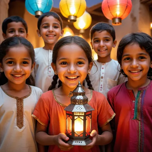 Prompt: A joyful little tribal girls and boys holding a colorful Ramadan lantern, her face beaming with happiness and innocence, traditional Ramadan decorations in the background, warm and inviting atmosphere, Photography, using a 50mm prime lens with a wide aperture to create a shallow depth of field and focus on the girl and lantern --ar 16:9 --cref --cw 100