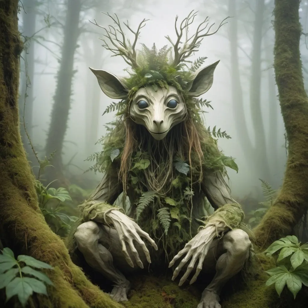 Prompt: A forest creature made from dense fog, surrounded by mist and lush vegetation. In the style of Wendy Froud's eco-art.