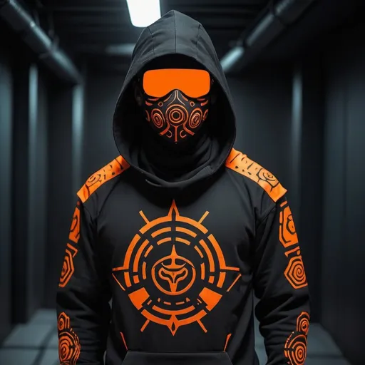 Prompt: Cyberpunk  tribal shamanic  futuristic tactical  gear nomad shamanic clothing
pant , hoodie poncho shamanic onaments face tactical mask 
tech wear black fabric  with symbol and cryptic signs and hexoganal hive patern designs in neon uv orange