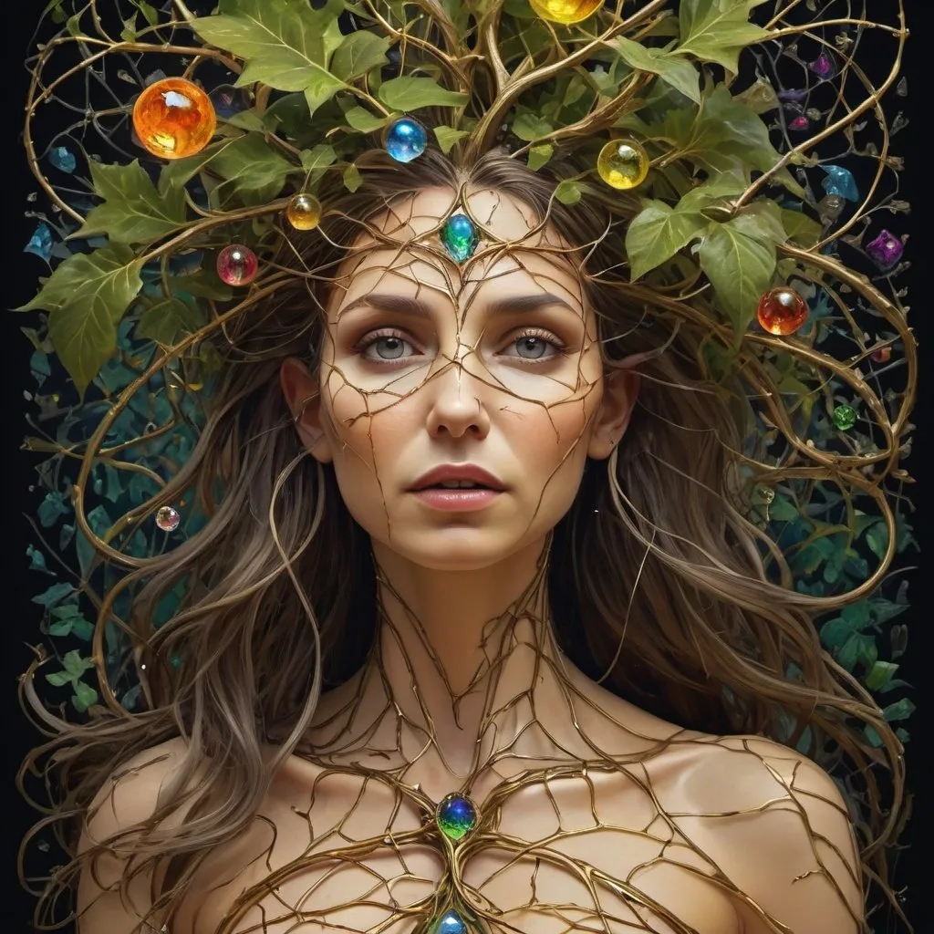 Prompt: Plant Maiden，Vine Princess，Witch of Thorns，Beautiful line art photo，Use gold strokes and rainbow paint，Golden Maiden，the golden ratio，Melted wax，Visible brush strokes，surrounded by crystal spheres，3D Mosaic Wireframe，neuroimaging，neurons，The Tree of Life，colours，California，intense emotion，oil on the canvas，Thick strokes，insanely details，8k ultra high definition，tmasterpiece，art  stations，ultra-realistic realism，plant witch，Vine Queen，Witch of Thorns