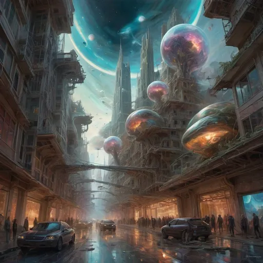 Prompt: Translucent ovni attack city, Daniel F Gerhartz, Clint Cearley, Carne Griffithsl, Cosmic Sky, Detailed Full-Color, Nature, Hd Photography, Deconstruction By Zaha Hadid. demon,illustration mixed media by Pablo Amaringo"Merriam, Nikolina Petolas, Peter Gric, Dariusz Klimczak, surreal hallucinatory intricately detailed sharp focus"