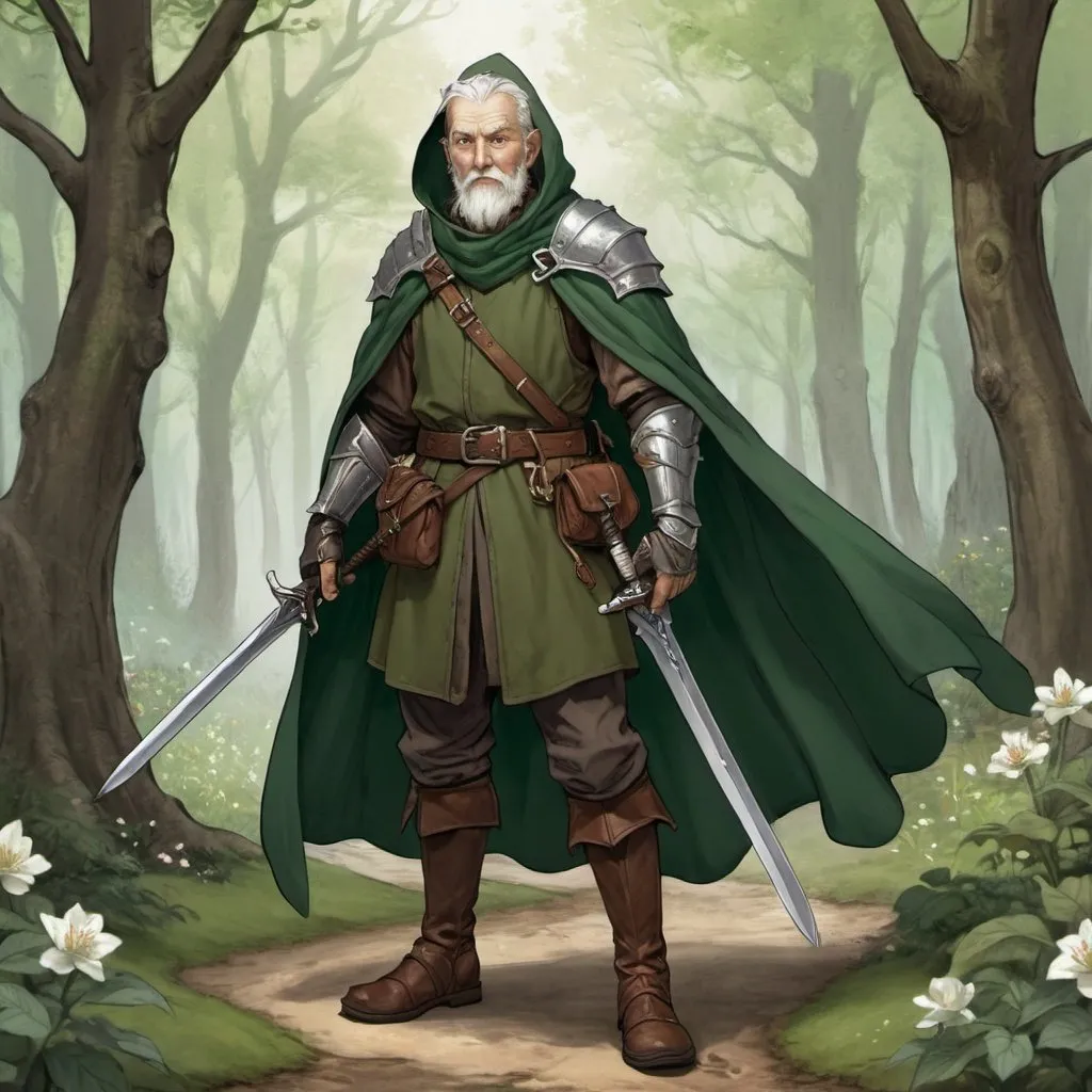 Prompt: full body illustration of a fantasy character for dnd 5e, old man, human, fighter, eldritch knight with a fairy background, tousled white / grey hair shoulder length, beard, green eyes, darkgreen tunic and plate armor, brown long cape with hood, longsword on the back, brown leather boots, green ocarina around the neck, woods and flowers in the background, style like arthur rackham --ar 3:4 --c 0 --s 500 --v 6.0