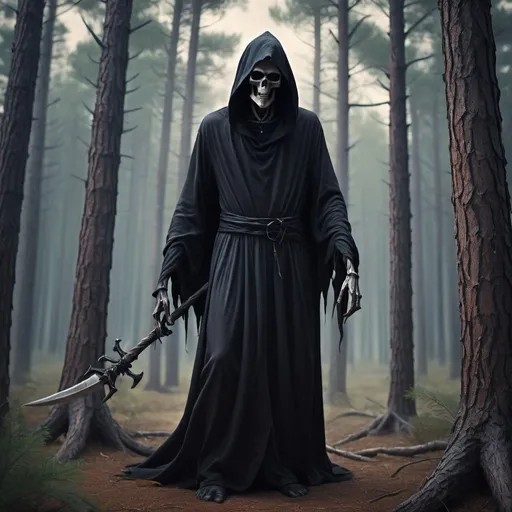 Prompt: A grim reaper  dark evil in the pine forest best quality, masterpiece, ultra high res, (photo realistic:1.4), surrealism, dream-like,V0id3nergy, a fantasy creature, Shadowdancer, shadow magic, darkness control, stealth, shadowstep, umbral spells, hidden blade,