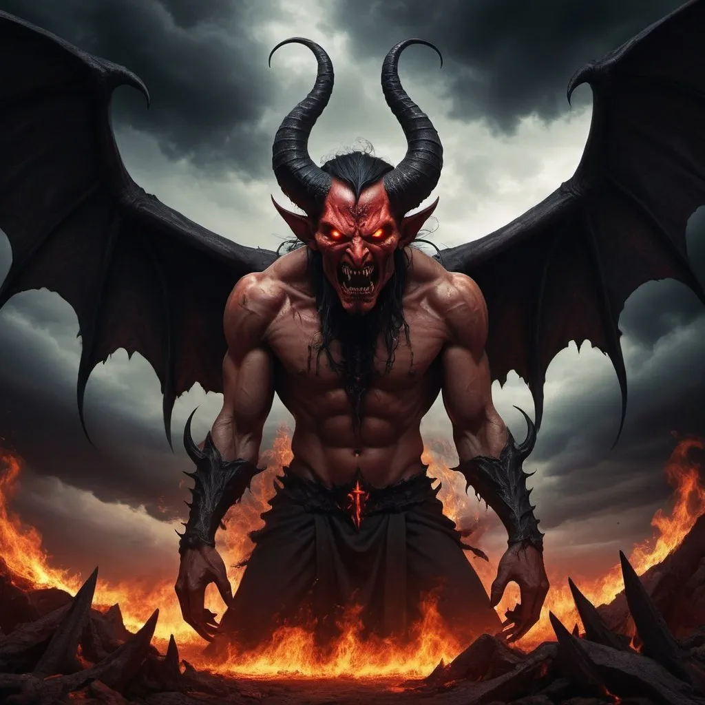 Prompt: (Best quality,A high resolution:1.2),(Dark,menacing:1.1),(sinister:1.1),(Devil,satan,Lucifer:1.1),(The demons:1.1),(Ominous,Foreboding:1.1),(Powerful figure:1.1),(Red glowing eyes,Sharp teeth:1.1),(Black wings,Thick,Tattered:1.1),(Hell landscape:1.1),(Fire,brimstone:1.1),(Threatening atmosphere:1.1),(Dark shadows,Menacing presence:1.1),(Ominous clouds,Stormy sky:1.1),(Gloomy,Unforgettable mood:1.1),(Ominous aura,evil energy:1.1),(Dark aura,Smoke:1.1),(intense heat,fiery flames:1.1),(Surreal,Nightmarish vision:1.1),(Prophecy of the book of Revelation:1.1),(Twisted horns,Blazing Crown:1.1),(Ominous whisper,Evil laughter:1.1),(Screams of torment,Echoing cries:1.1),(Ominous symbols,Ancient runes:1.1),(Mystical Artifacts,Shadow artifacts:1.1),(Hell Rituals,Ritual sacrifices:1.1),(Demon Servant，,Dark creatures:1.1),(Desolate,barren wasteland:1.1),(Academy of Souls,Tormented souls:1.1),(Eternal curse,Desperate life:1.1),(The destruction of the end of the world,The world is in chaos:1.1),(Malicious intent,The embodiment of darkness:1.1),(A gateway to the underworld,Nightmare realm:1.1),(funk,terroral:sankta].