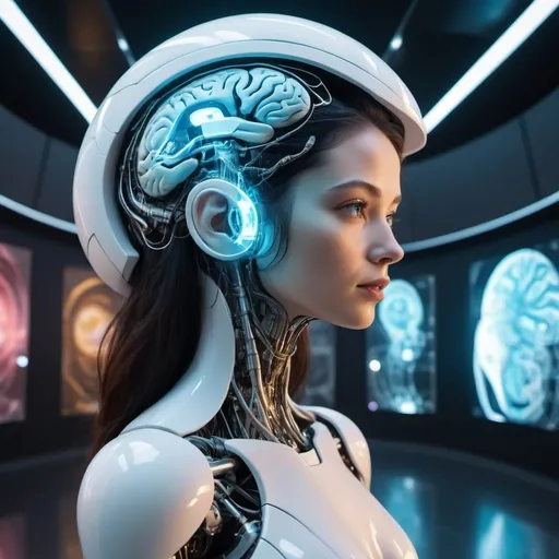 Prompt: Woman Humanoid inside of organic brain shape shell architecture AI Experience museum which has real time exhibition of robotic arm rebuild space, cyberpunk utopia, fantasy, galaxy, sci-fi, digital illustration, portal teleport, telepathic frequencies, virtual reality, space art