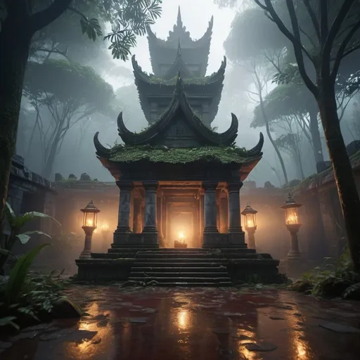 Prompt: An ancient ruins of temple in the rain forest for sacrifice and blood on the floorthe rain forest with mysty dense fog and smoke in the baground octate render unreal lightings, highly detailed , photo realistic , unreal engine 5,  depth of view, add noise, Effet de vent：1.9，Effets de nuage：1.2，Rendu complet，Encaustic painting,flammes, epic, dawn, fog, dramatic lighting, glowing floating  lightings and lanterns in the trees at a distance blurry baground 