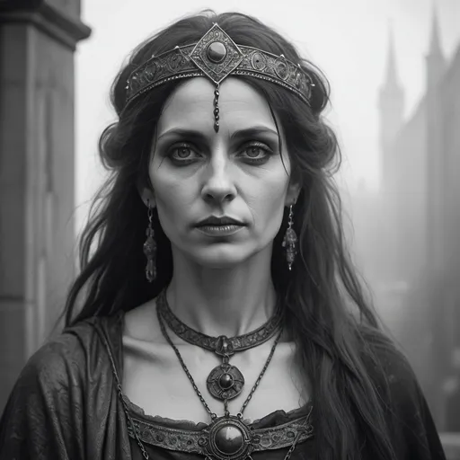 Prompt: Gothic art painting style, closeup shot of beautiful Visigoth woman, 40 years of age, in the year 500 A.D. in the foggy city of London, black and white antique photograph, tarnished film, disheveled hair, wispy hair, medieval hair style and accessories, solemn look, relaxed pose