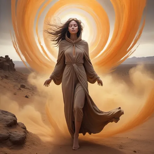 Prompt: A bright and fun , and mystical scene depicts a a woman figure emerging from a swirling vortex of dust, with tendrils of grayish-brown mist curling around their arms and legs, as if being reborn from the earth itself. The atmosphere is fun with an otherworldly energy, and the lighting is soft, warm hues of oranges and yellows, reminiscent of a desert sunset. The figure's face is obscured, with a hood or cloak covering their features, but their skin has a warm, golden undertone, with a subtle sheen to it. In the background, dark, rocky formations