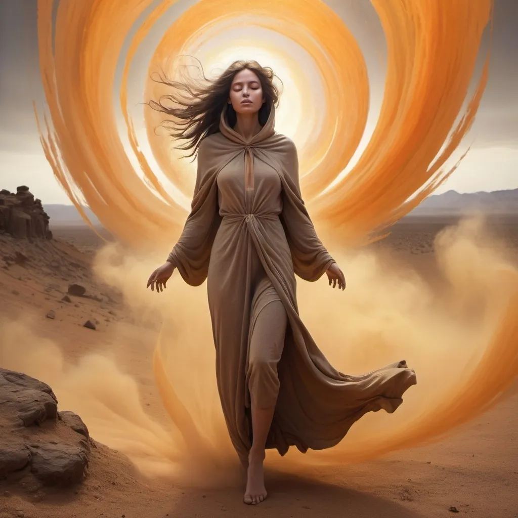 Prompt: A bright and fun , and mystical scene depicts a a woman figure emerging from a swirling vortex of dust, with tendrils of grayish-brown mist curling around their arms and legs, as if being reborn from the earth itself. The atmosphere is fun with an otherworldly energy, and the lighting is soft, warm hues of oranges and yellows, reminiscent of a desert sunset. The figure's face is obscured, with a hood or cloak covering their features, but their skin has a warm, golden undertone, with a subtle sheen to it. In the background, dark, rocky formations