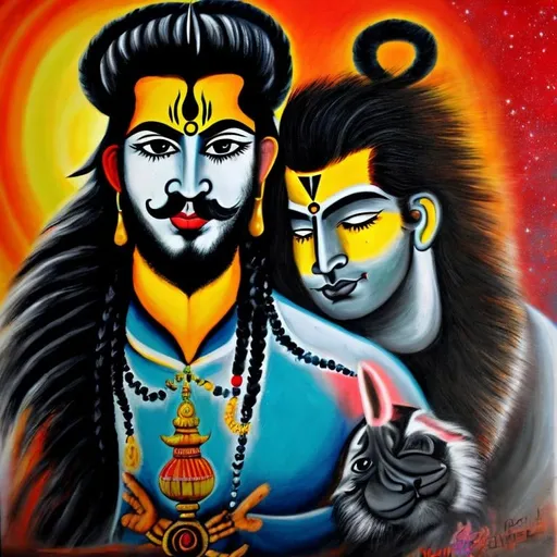 Prompt: painting of a man and a male cow with a face painted on, god shiva the destroyer, lord shiva, inspired by Kailash Chandra Meher, shiva, cyborg hindu godbody, hinduism, indian god, gawr gura, hindu aesthetic, trending on devianart, avatar image, by Sava Šumanović