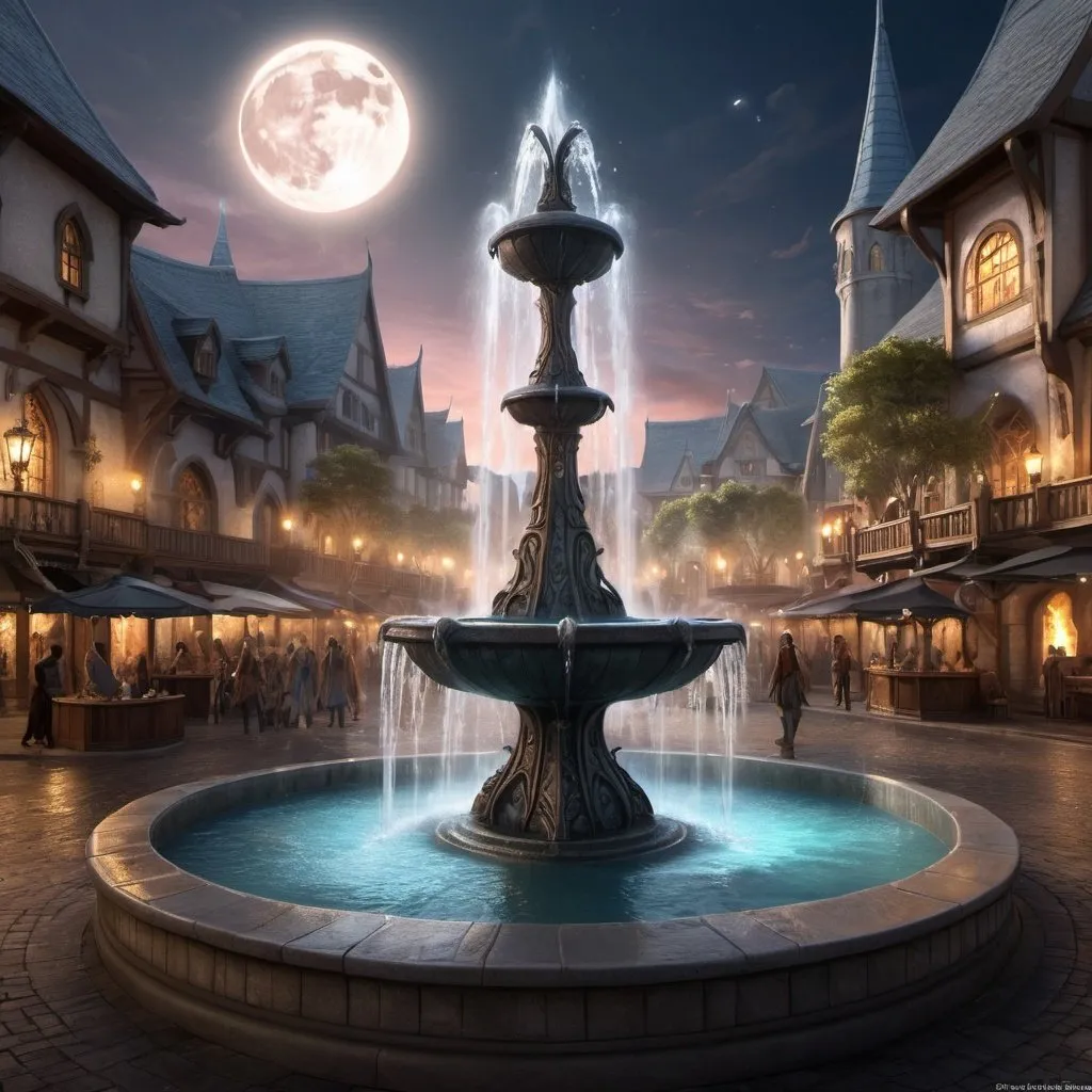 Prompt: Fantasy art, RPG art, there is an epic sized magical water fountain in an elven city town square, it has magical runes gl0w1ngR in the basin of the fountain, many rivulets of water entwined in fire, faize, the fire is combined with the water streams, its night time, moon is rising, photorealistic, 16k, RAW, award winning, (best detailed: 1.5), masterpiece, best quality, (ultra detailed), full body, ultra wide shot