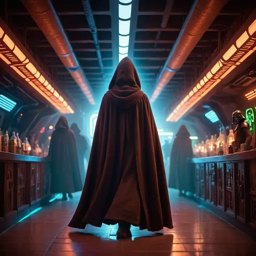 Prompt: hooded figure, star wars character art, walking away, Togruta species, looking straight ahead, wool cloak, flowing long cloak dress, cinematic level shot, standing in a cantina, lots of lights, cantina background, neon lights background