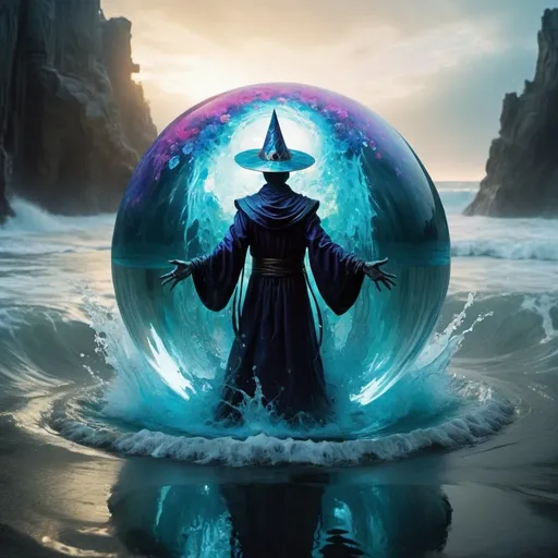 Prompt: Breathtaking shot of a (dark magician)+ completely engulfed++ in a large (ball of crystal clear water)+ floating (above the ground)1.2. The sorcerer+ is summoning large waves. no face, broken heart, broken mind, dark glowing eyes, perfect hands BREAK The overall mood is energized and angry. raging water, (yvonne coomber style)0.8, (digital artwork by Beksinski)1.7, (vibrant colors)1.3, (flowers), thematic background, dark, dystopian, abstract, colorfull, illustration