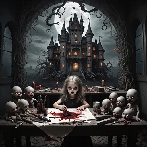 Prompt: Fine matte paintings, haunted castle with horrible dolls on drawing table full of knives, horror, eerie, scary, tentacles, vines, eyes, blood moon