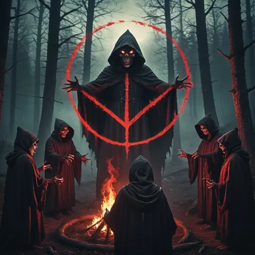 Prompt: Satanic ritual in forest, hooded people in a circle, horrifying demon with frog face, hazy background, realistic epic, rutkowski, hdr, intricate details, hyperdetailed, cinematic, rim light, muted colors: 1.2, dark fantasy, dark sky, with dark mountains in the background, dark atmosphere, fear, horror, torches of fire, red, dark forest, night, scary